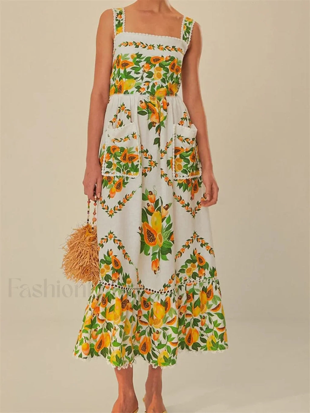 Floral Pocket Square Neck Maxi Dress green / S