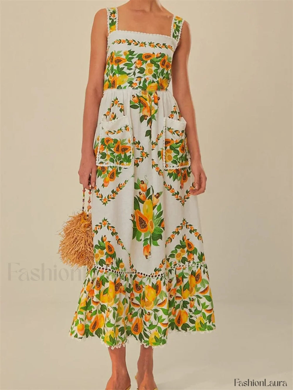 Floral Pocket Square Neck Maxi Dress green / S