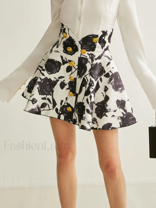 Floral Print Button Detail Skirt BlackandWhite / XS Skirts Main image