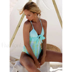 Floral Print High Neck One Piece lake blue / S