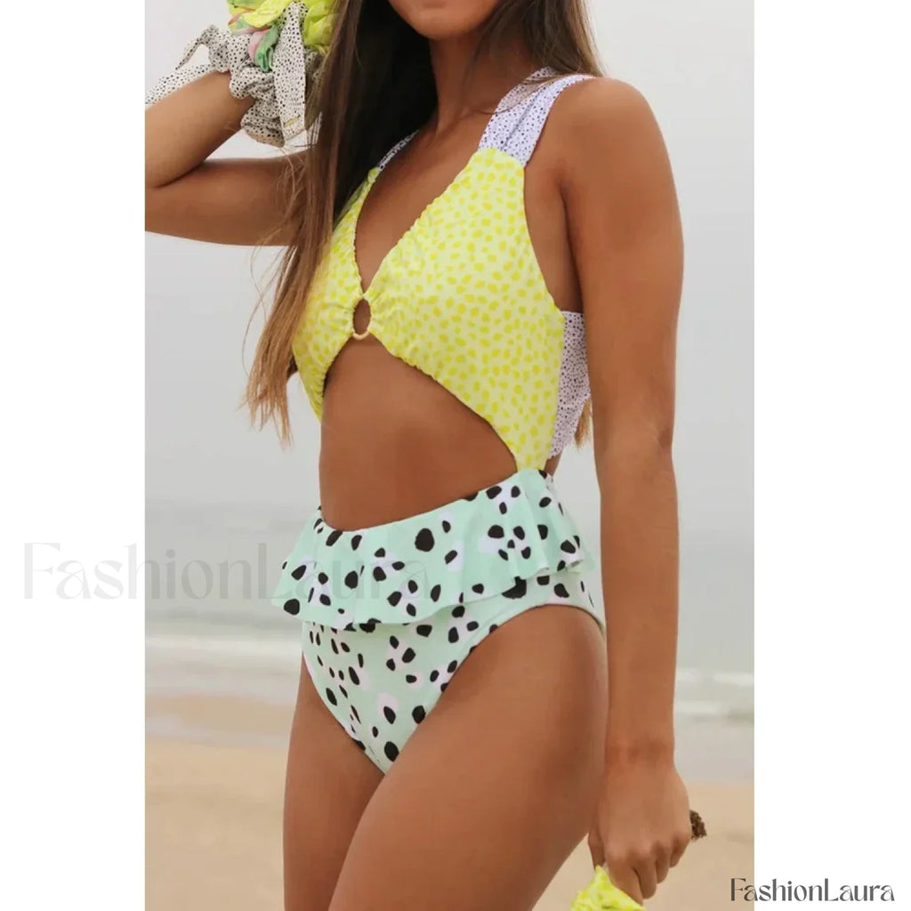 Floral Print High Neck One Piece Yellow / S