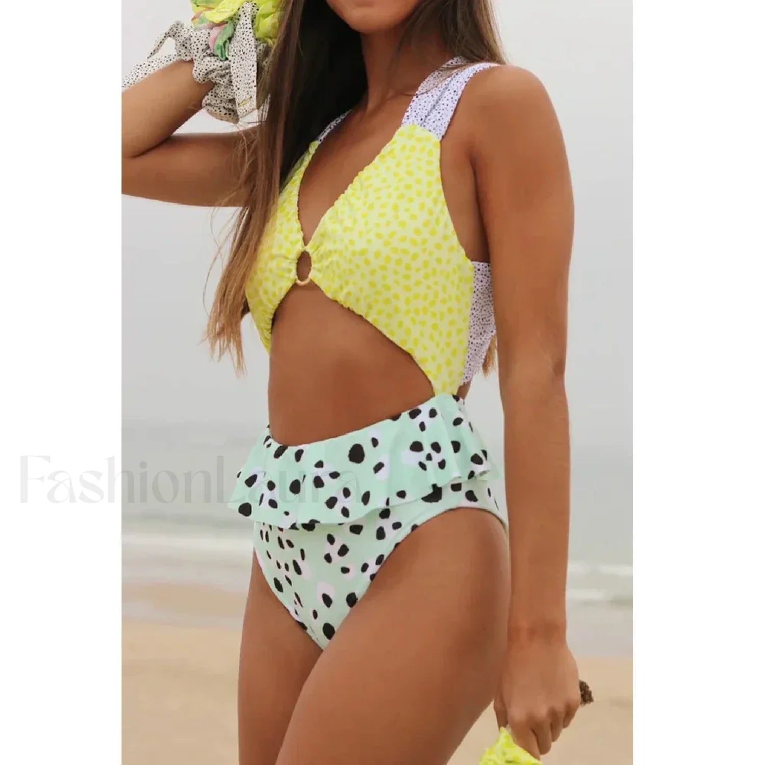 Floral Print High Neck One Piece Yellow / S