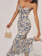 Floral Print Knotted Irregular Hem Long Dress Blue / XS Dresses