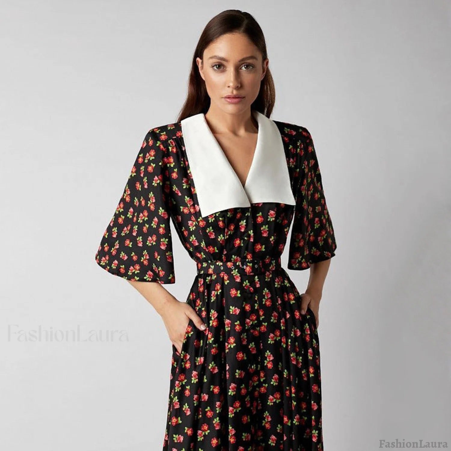 Floral Print Slit Tight Waist A line Dress Elegant Short Sleeve Doll Collar Dress Secondary image