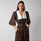 Floral Print Slit Tight Waist A line Dress Elegant Short Sleeve Doll Collar Dress