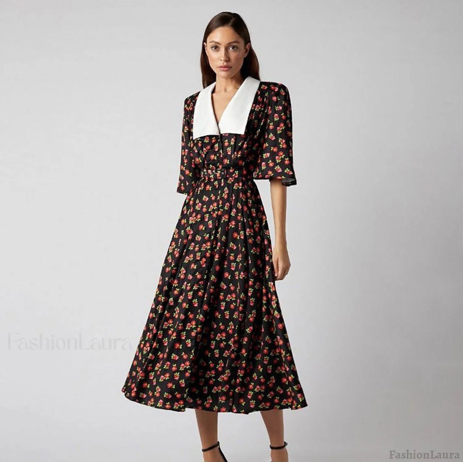 Floral Print Slit Tight Waist A line Dress Elegant Short Sleeve Doll Collar Dress Main image
