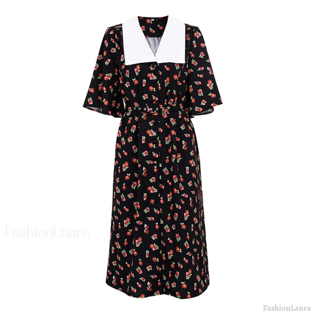 Floral Print Slit Tight Waist A line Dress Elegant Short Sleeve Doll Collar Dress S / Black