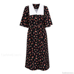Floral Print Slit Tight Waist A line Dress Elegant Short Sleeve Doll Collar Dress S / Black