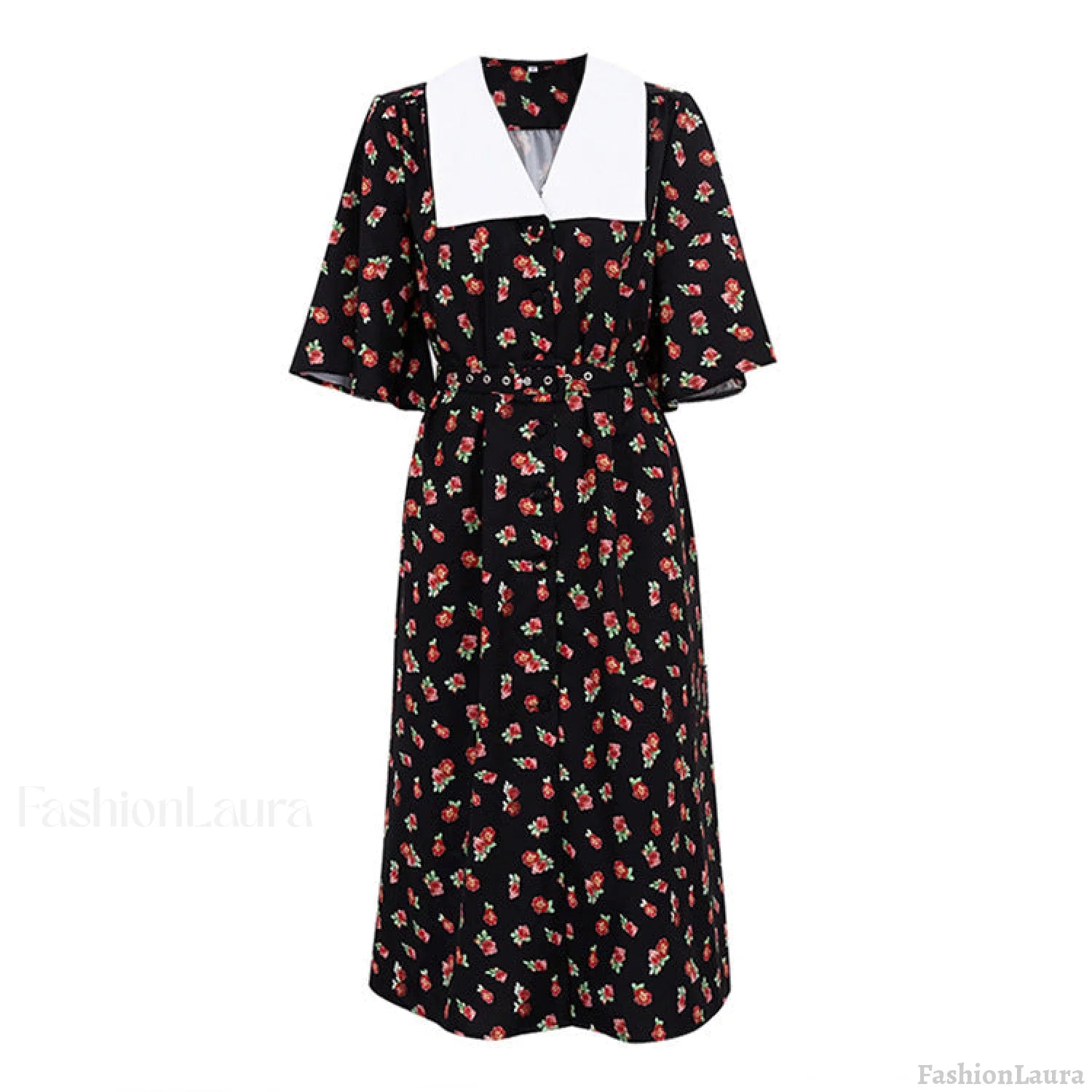 Floral Print Slit Tight Waist A line Dress Elegant Short Sleeve Doll Collar Dress S / Black