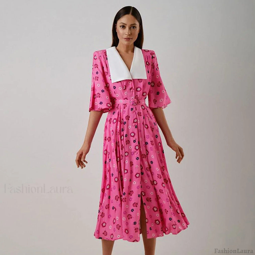 Floral Print Slit Tight Waist A line Dress Elegant Short Sleeve Doll Collar Dress S / Pink