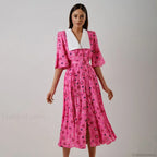 Floral Print Slit Tight Waist A line Dress Elegant Short Sleeve Doll Collar Dress S / Pink