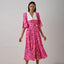 Floral Print Slit Tight Waist A line Dress Elegant Short Sleeve Doll Collar Dress S / Pink