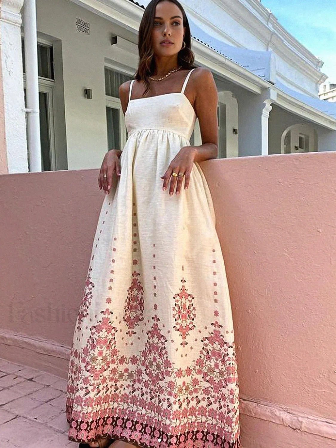 Floral Print Spaghetti Strap Long Dress Off White / XS Dresses Main image