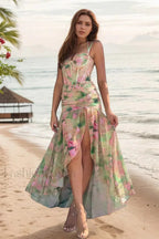 Floral Print Strappy Irregular Split Spice Girl Waist Cinched Maxi Dress Green / S