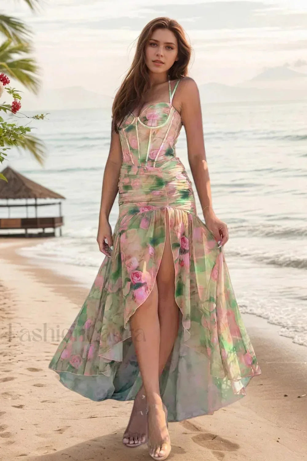 Floral Print Strappy Irregular Split Spice Girl Waist Cinched Maxi Dress Green / S Main image