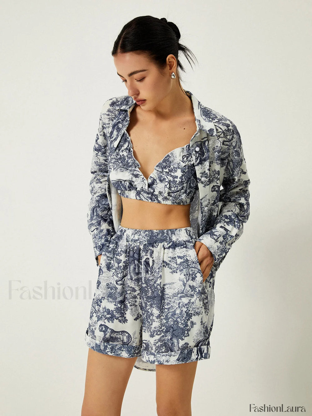 Floral Print Three Piece Shorts Set Short Sets