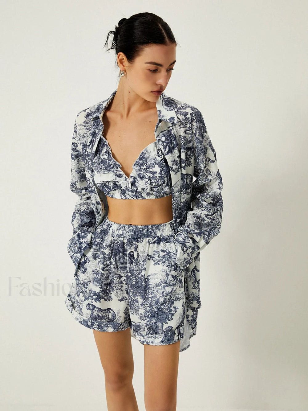 Floral Print Three Piece Shorts Set Short Sets