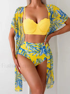 Floral Print Three Pieces Cover Up YELLOW / S