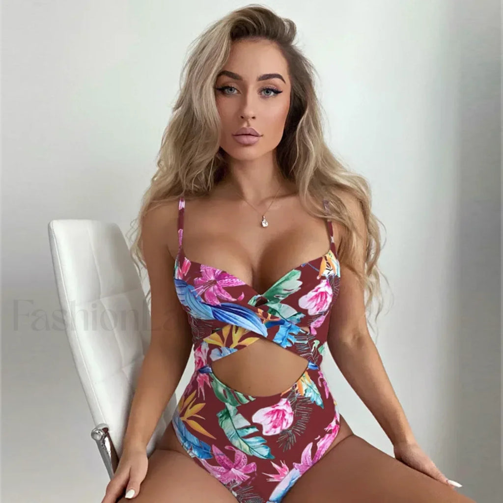 Floral Printed Hollow Out One Piece Red brown / S