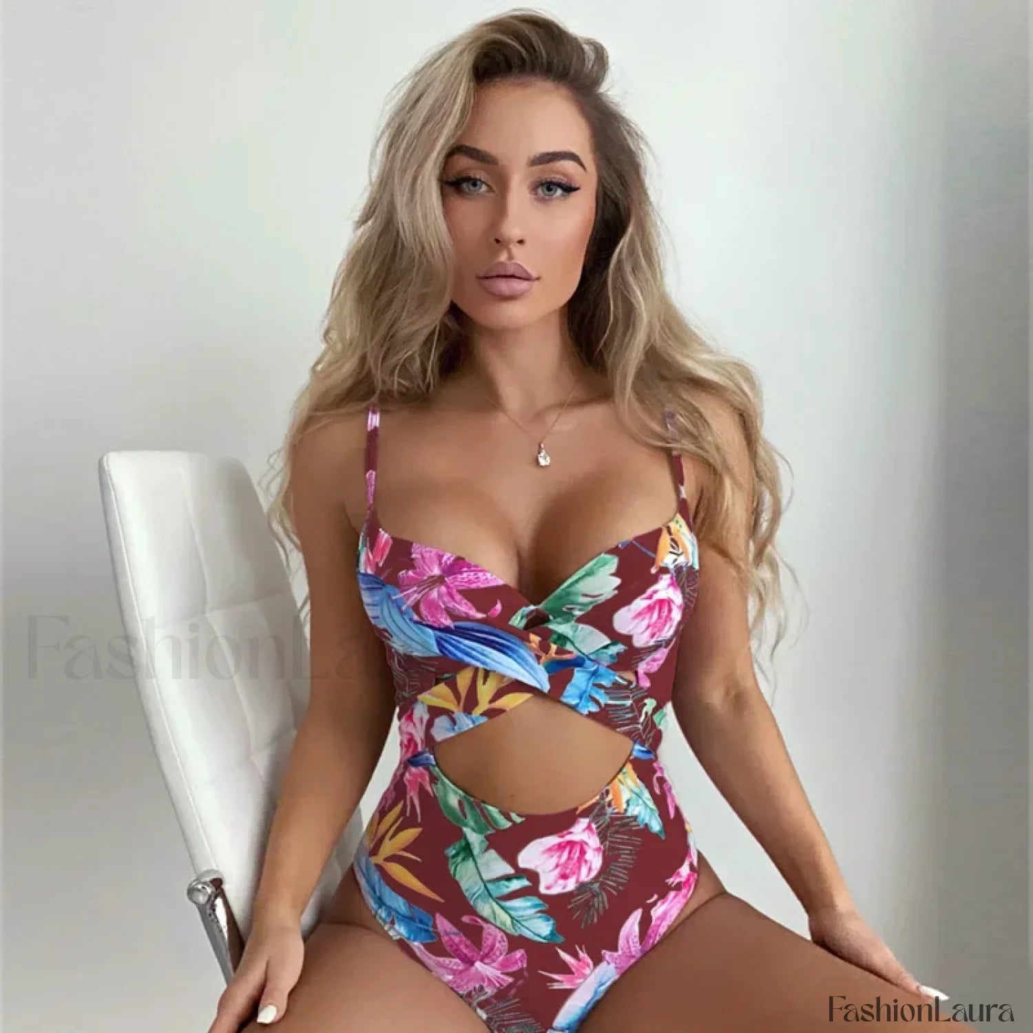 Floral Printed Hollow Out One Piece Red brown / S