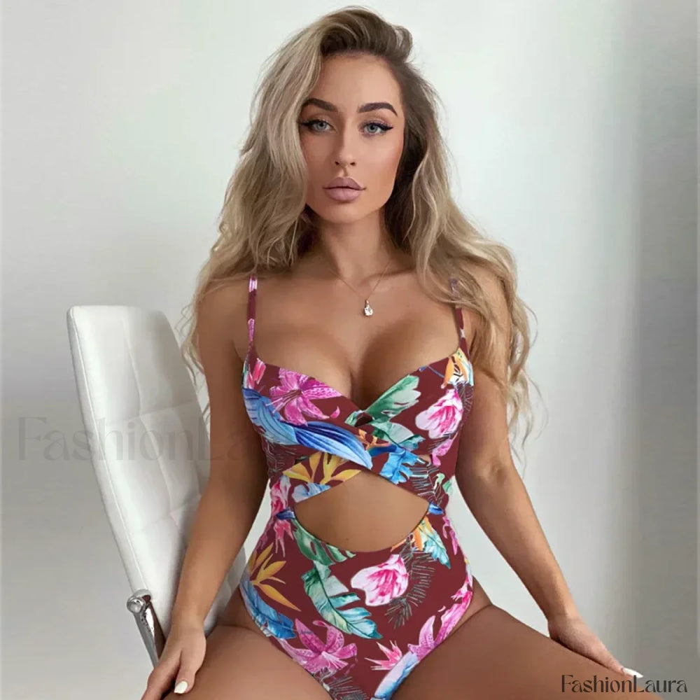Floral Printed Hollow Out One Piece Red brown / S