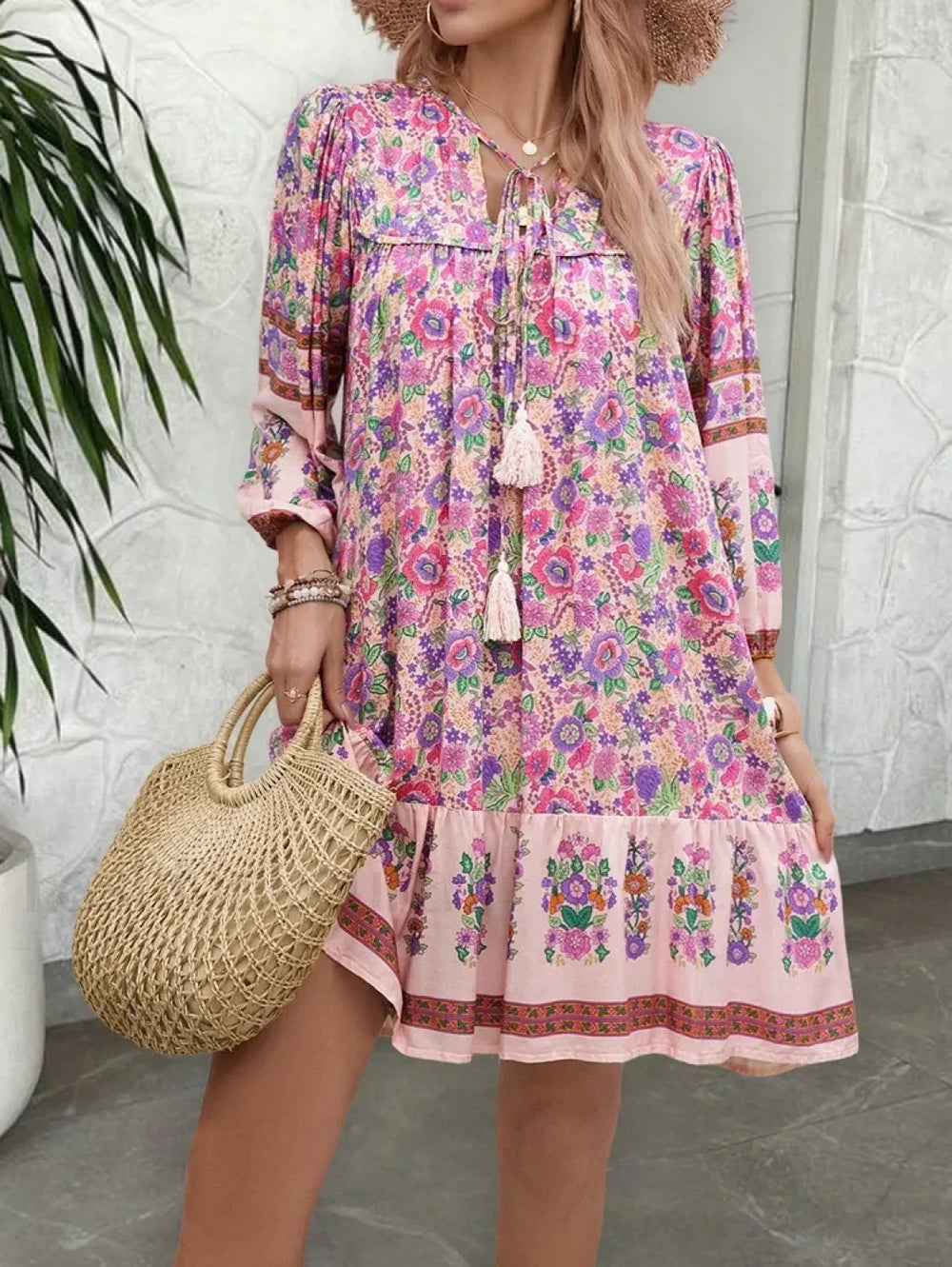 Floral Printed Tassel Boho Dress Pink / S