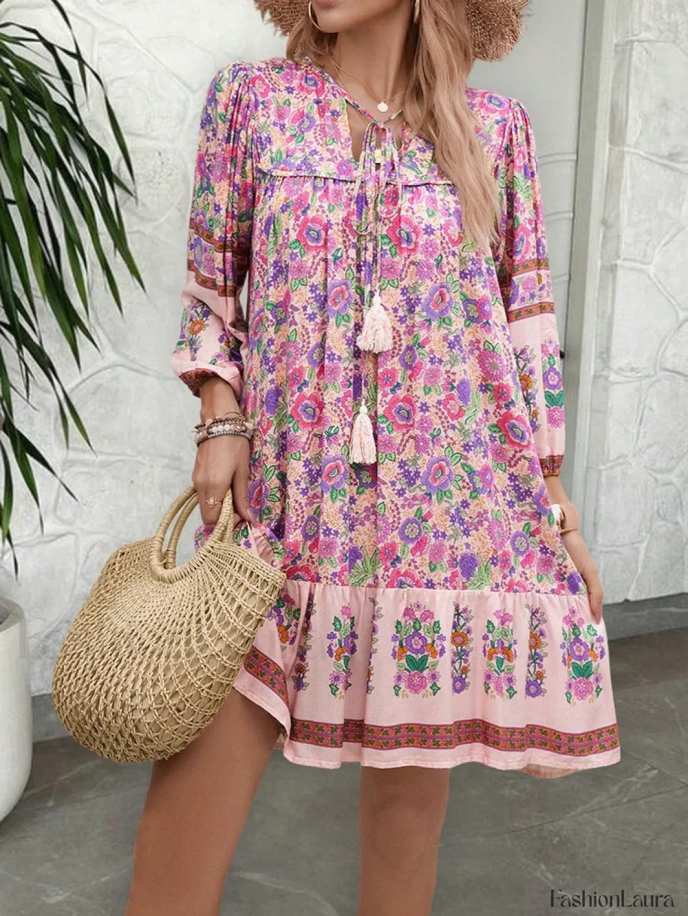 Floral Printed Tassel Boho Dress Pink / S