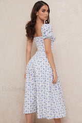 Floral Puff Sleeve Charming Boho Midi Dress