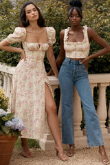 Floral Puff Sleeve Charming Boho Midi Dress