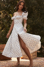 Floral Puff Sleeve Charming Boho Midi Dress