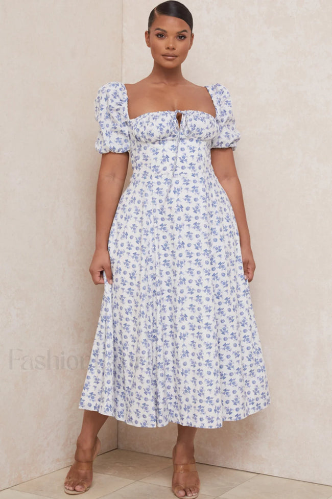 Floral Puff Sleeve Charming Boho Midi Dress S / Floral Main image