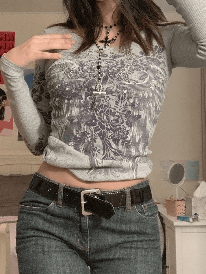 Floral Rhinestone Long Sleeve Crop Top Gray / S Tops&Tees Main image