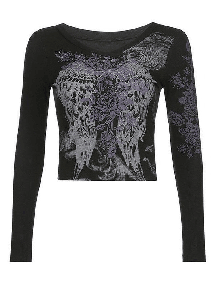 Floral Rhinestone Long Sleeve Crop Top Tops&Tees