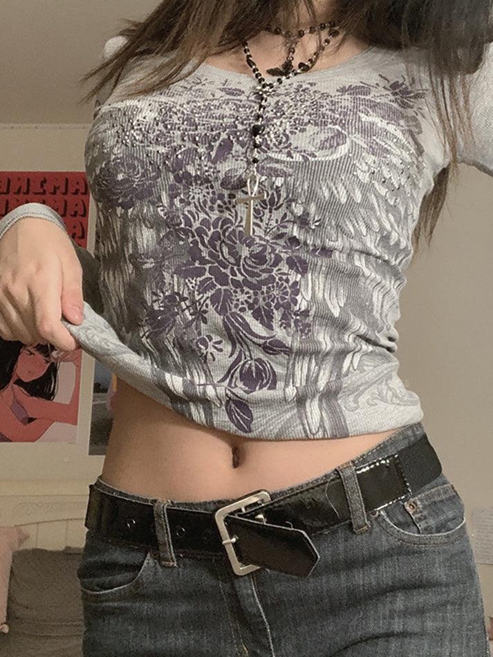 Floral Rhinestone Long Sleeve Crop Top Secondary image
