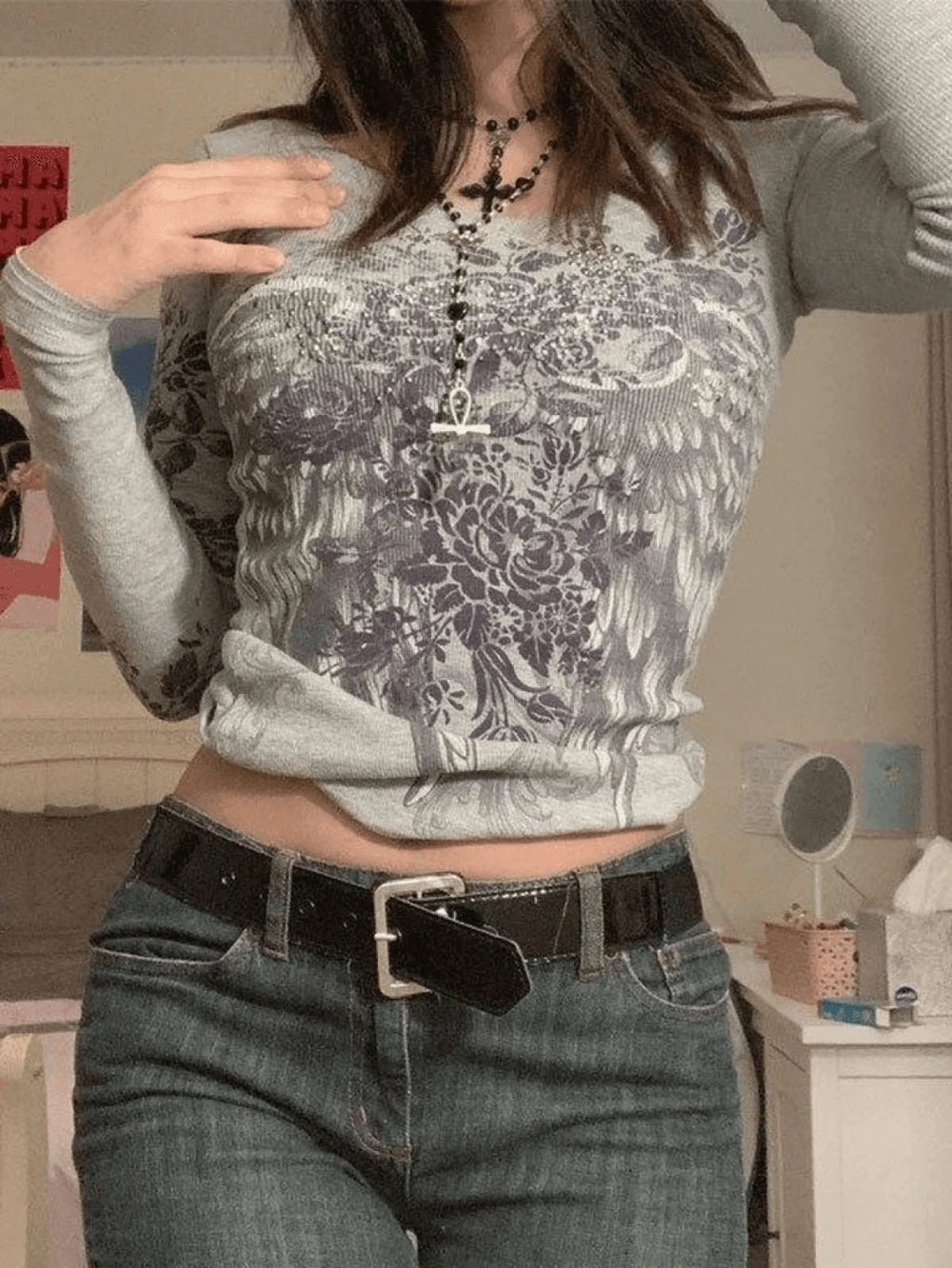 Floral Rhinestone Long Sleeve Crop Top Gray / S Tops&Tees