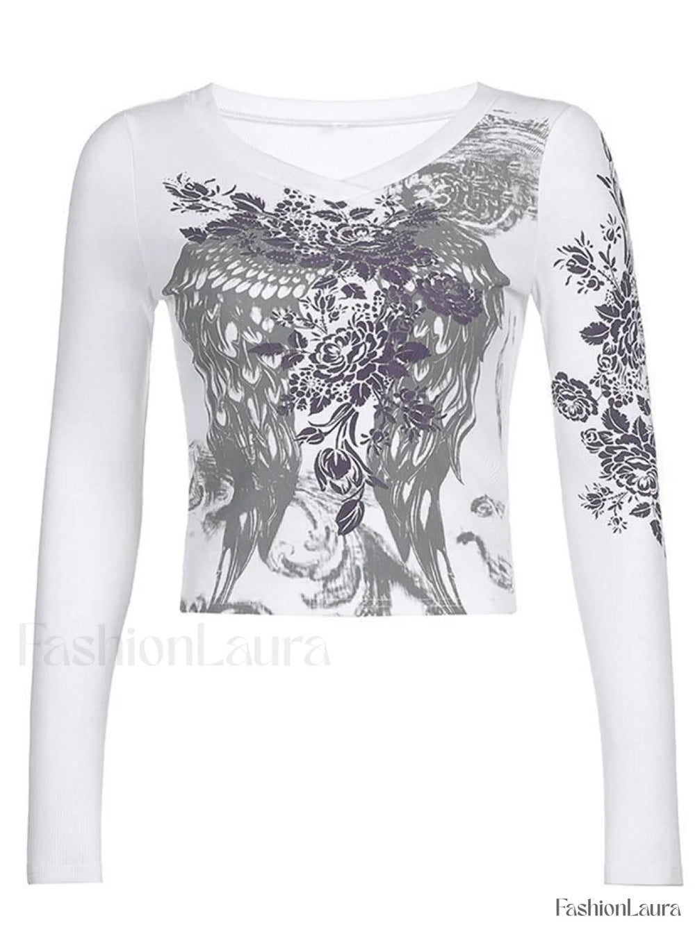 Floral Rhinestone Long Sleeve Crop Top Tops&Tees