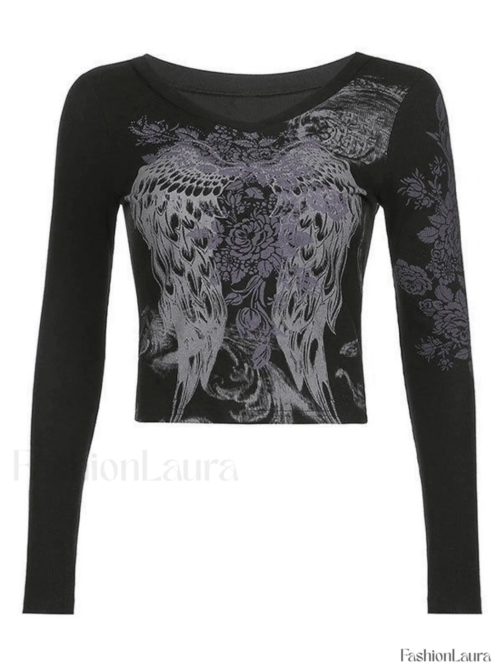 Floral Rhinestone Long Sleeve Crop Top Tops&Tees