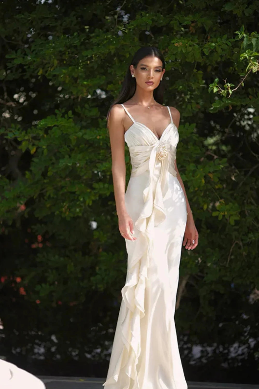 Floral Ribbon Satin Slim Fit Strappy Maxi Dress Main image