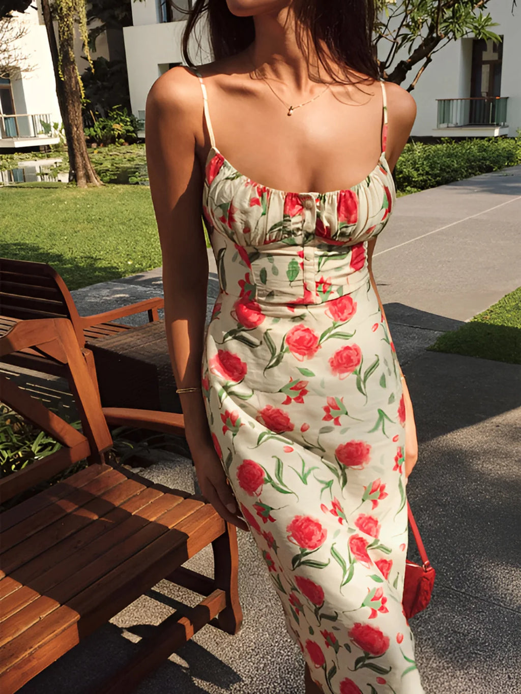 Floral Ruched Button Detail Dress Dresses