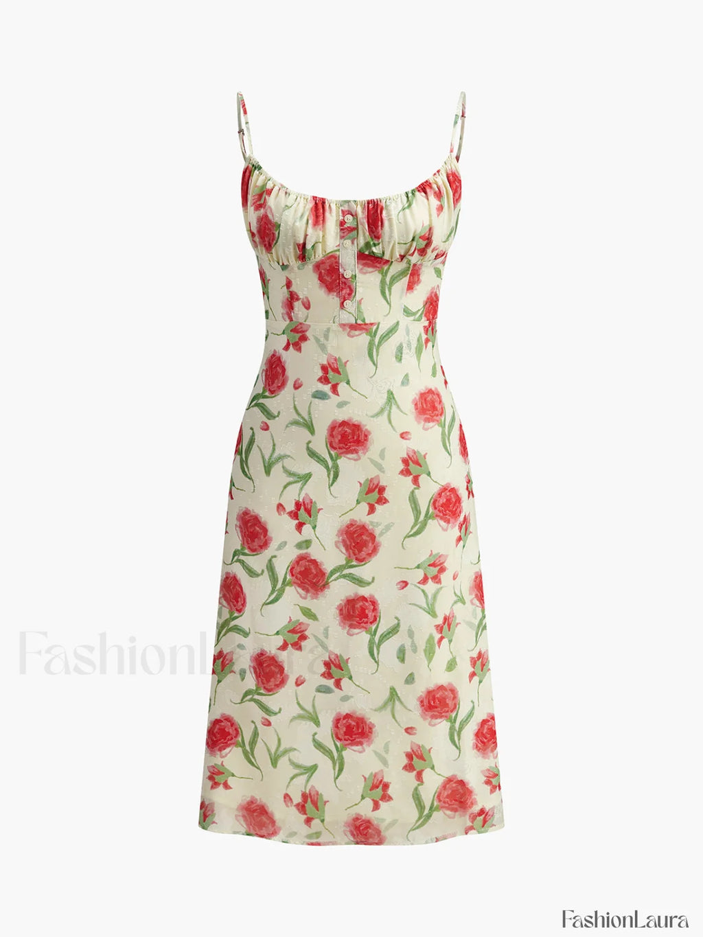 Floral Ruched Button Detail Dress Dresses
