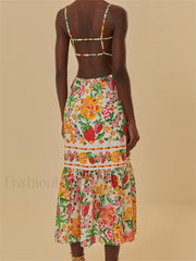 Floral Ruched Button Strap Maxi Dress