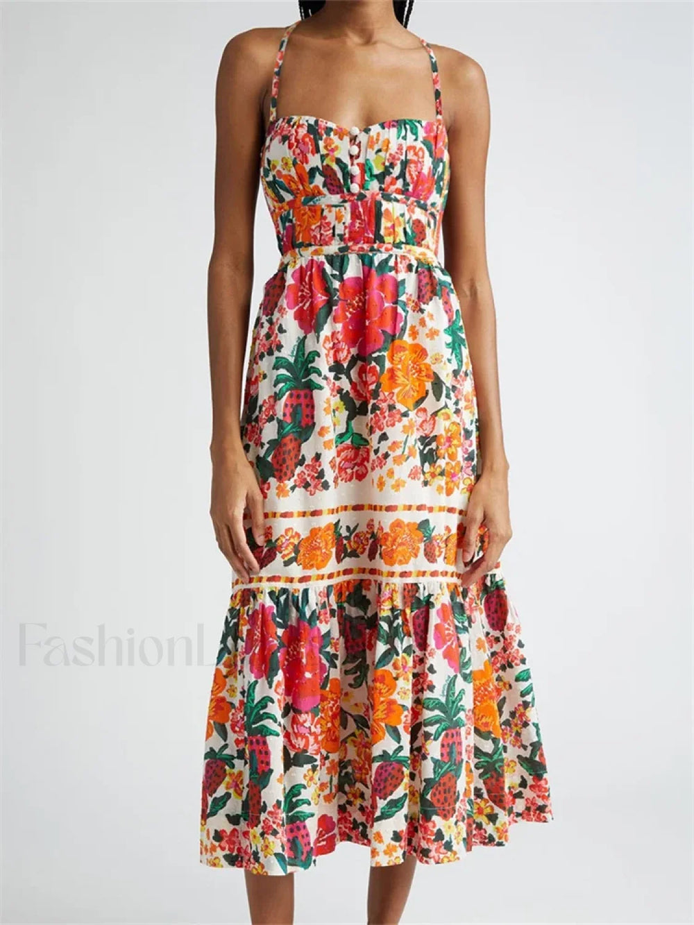 Floral Ruched Button Strap Maxi Dress orange1 / S