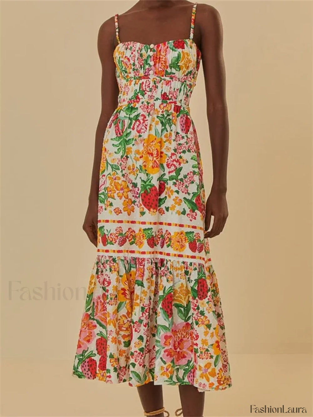 Floral Ruched Button Strap Maxi Dress orange2 / S