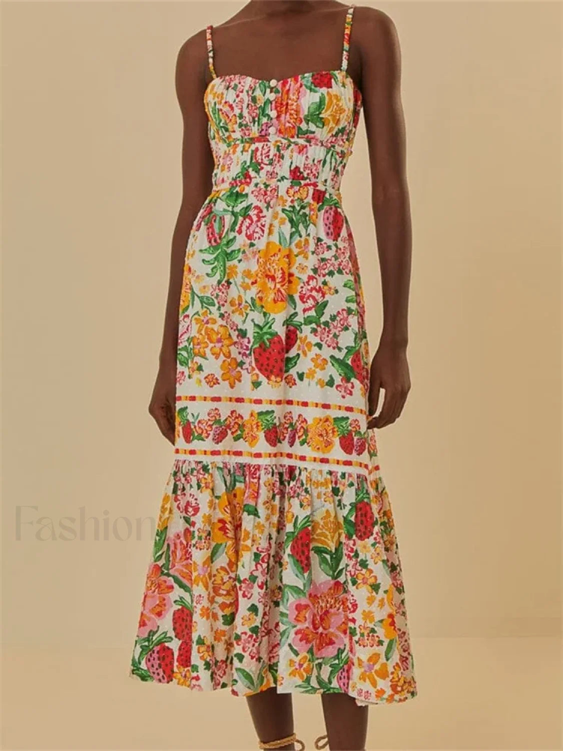 Floral Ruched Button Strap Maxi Dress orange2 / S Main image