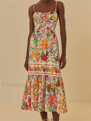 Floral Ruched Button Strap Maxi Dress orange2 / S