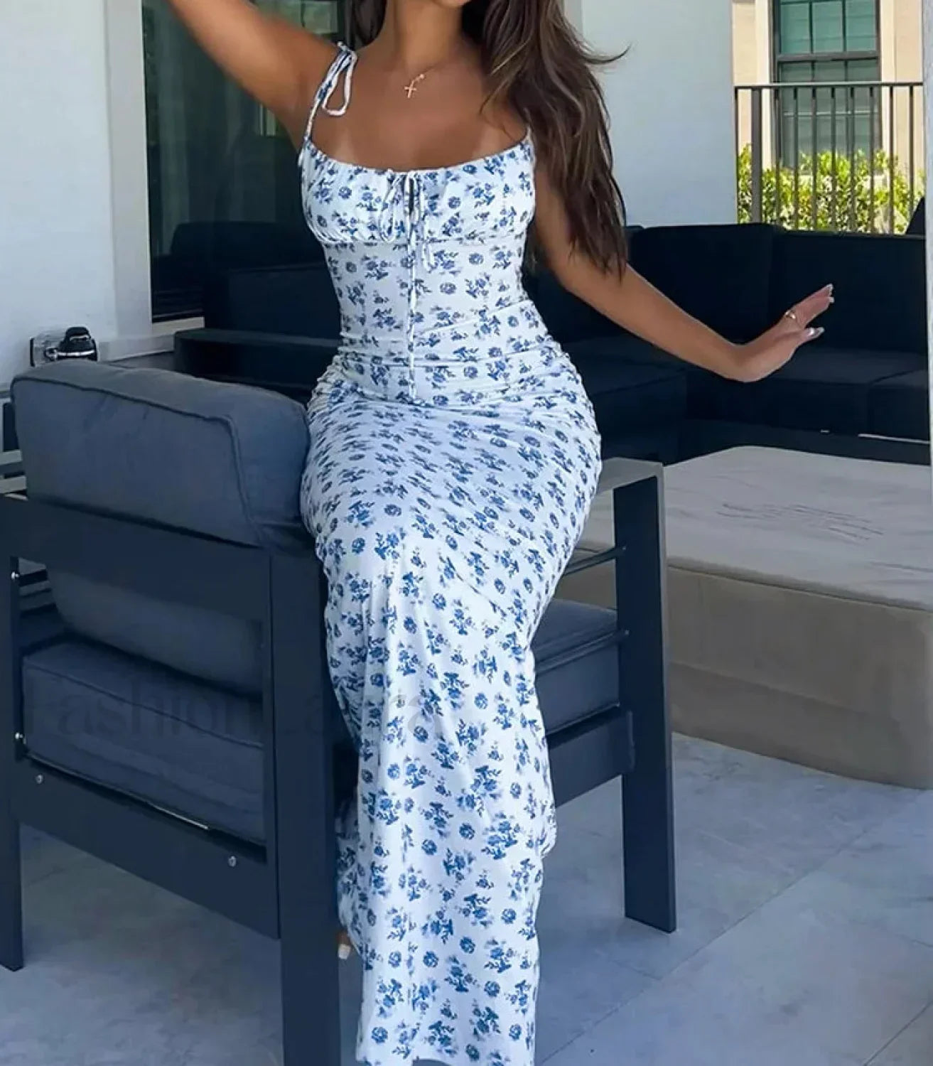 Floral Ruffle Lace Up Maxi Dress Main image