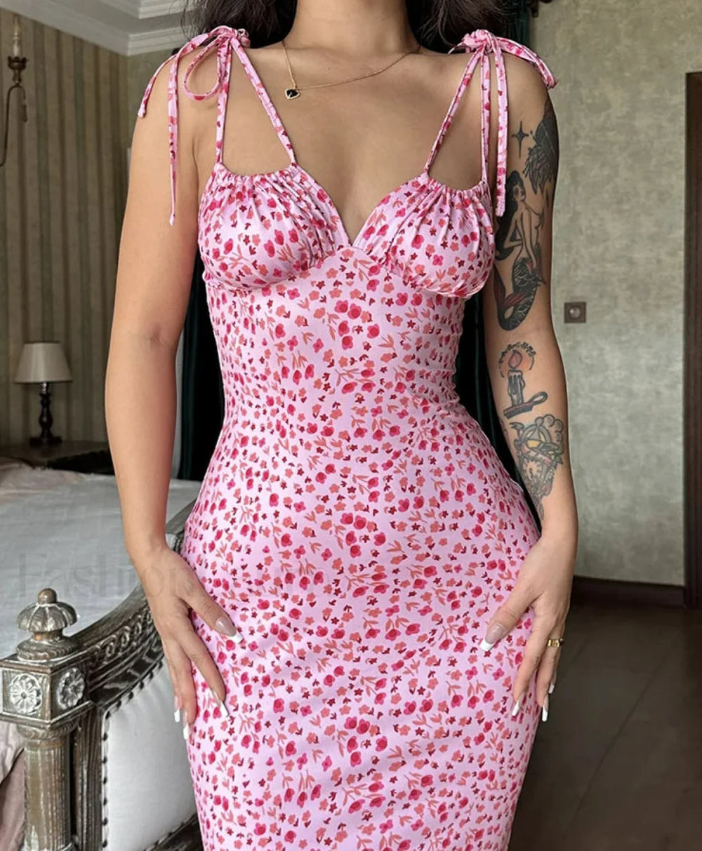 Floral Ruffle Lace Up Maxi Dress