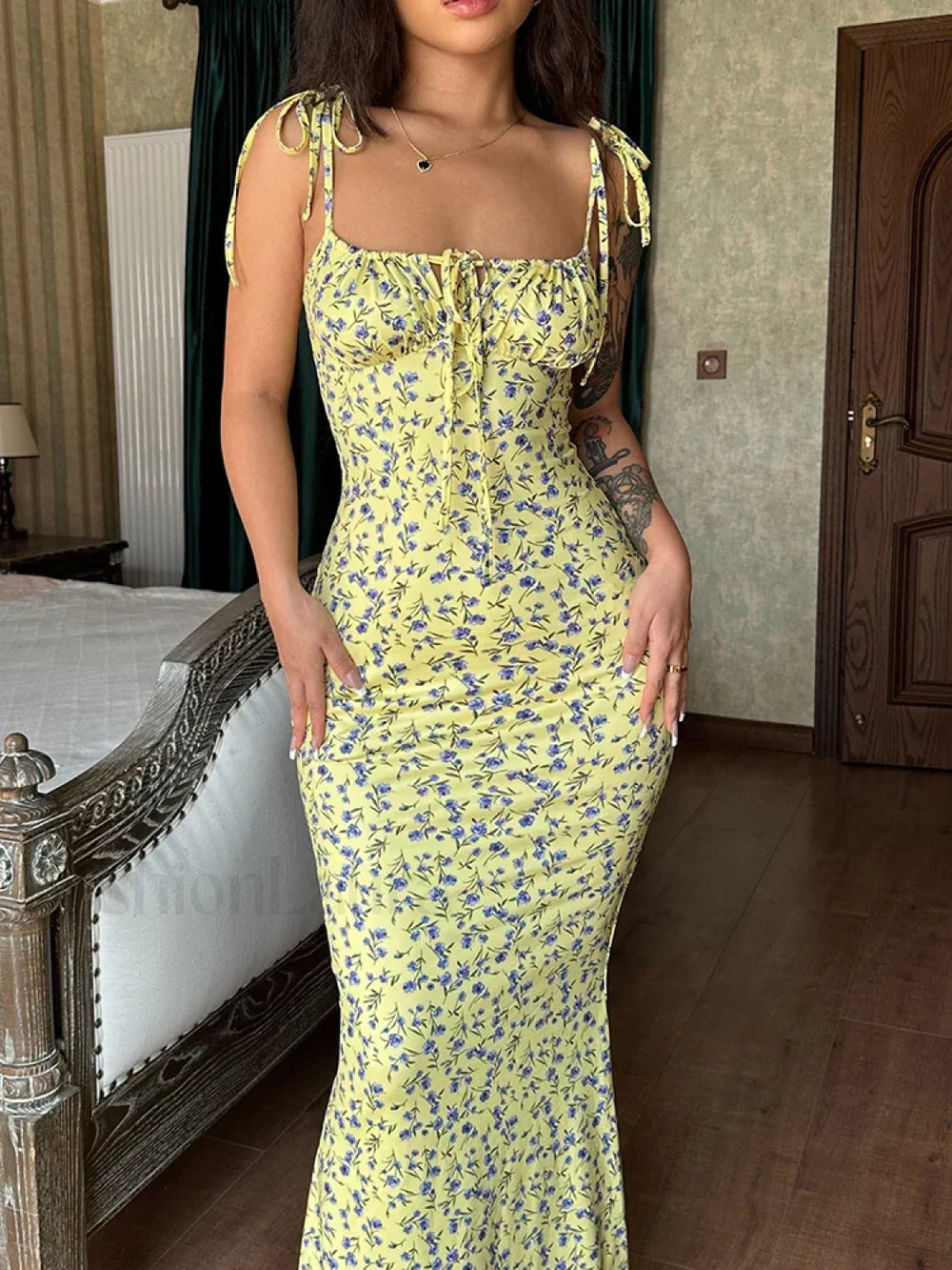 Floral Ruffle Lace Up Maxi Dress Yellow / XS