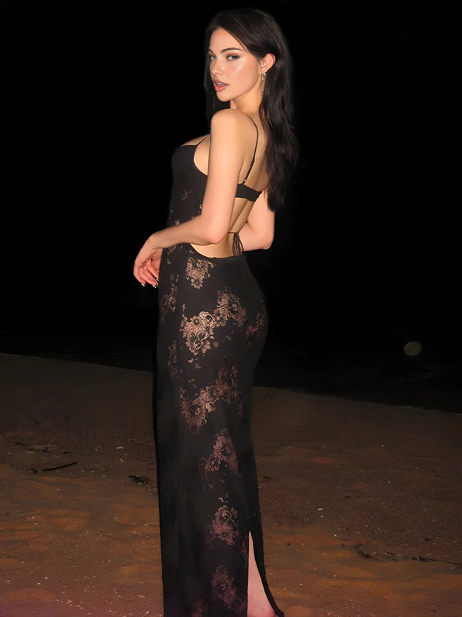 Floral Semi Sheer Graceful Cami Long Dress Black / XS Dresses Main image