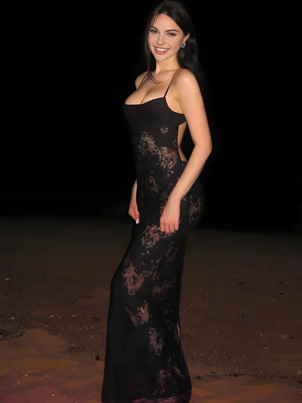 Floral Semi Sheer Graceful Cami Long Dress Dresses